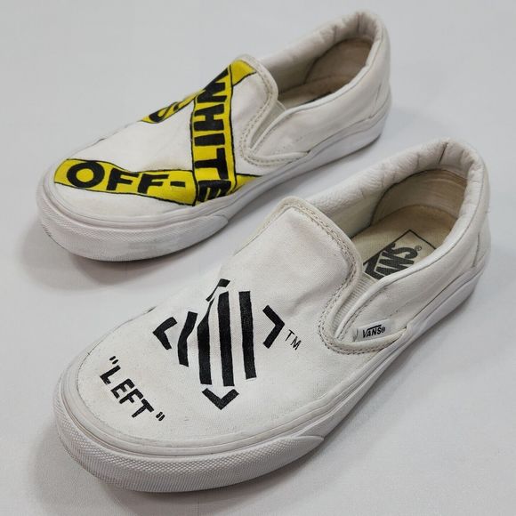 Vans Classic Slip On Sneaker Shoe Caution Tape Left Traffic Women 8 White Custom - Picture 1 of 16